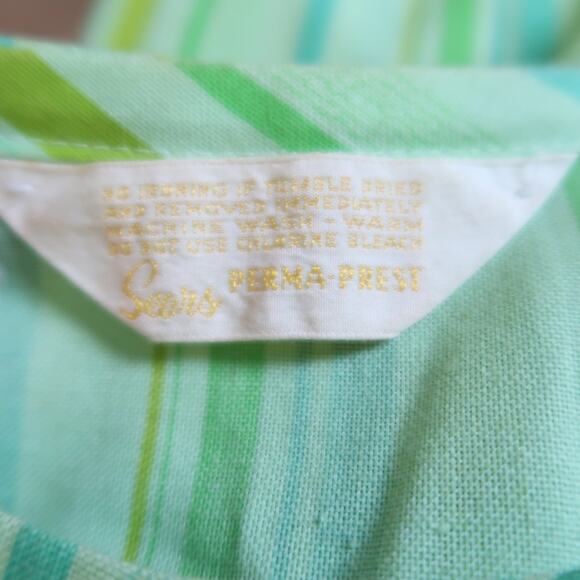 Vintage 60s Sears Perma-Prest Green Striped Mini House Dress S - Picture 5 of 5